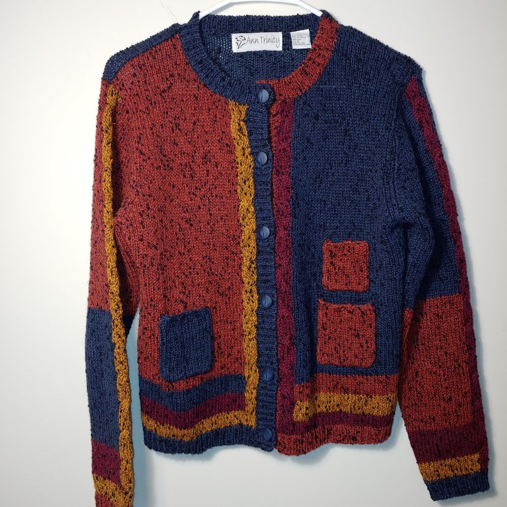 Ann Trinity Vintage Knitted Colorblocks Button Down Cardigan Size S Blue